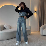 women's Popular trade suit splicing denim jumpsuit high waist casual straight slim jumpsuit women