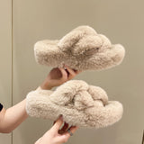 WOLOONG Women's Large Size Fluffy Korean Cross Platform Slippers