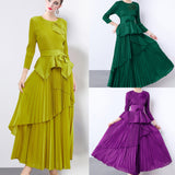 Miyake irregular swing skirt  spring new solid color lace-up pleated waist top dress two suits women