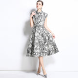 Fashion celebrity temperament short-sleeved lapel waist a-character ink painting printed shirt dress elegant big swing dress