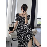 2025 Retro floral dress summer dress new  temperament high sense square neck bubble sleeve waist slit medium and long dress
