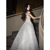 Silver evening dress light luxury niche sequins host banquet temperament celebrity toast dress bride