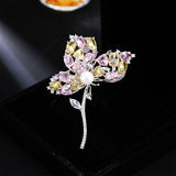 2025 High-end zircon brooch temperament pin freshwater pearl luxury bright color three-leaf bouquet copper gold-plated accessories women