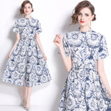 Popularan station  summer new sweet and elegant design sun print big pendulum dress shirt dress women