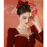 Toast Bride  New Burgundy Engagement Dress One Shoulder Long Sleeve Velvet Wedding Atmosphere Women
