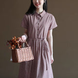 summer Mori retro literary temperament plaid shirt skirt lace-up waist Japanese medium and long dress women