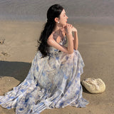 2025 blue floral neck dress women's summer niche design irregular waist backless sleeveless long skirt