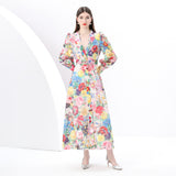 Women's Clothing  Early Spring - Holiday Style Suit Collar Long Sleeve Wide Pendulum Lace Floral Print Long Dress