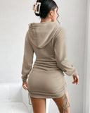 woloong Hooded Drawstring Ruched Sweatshirt Dress