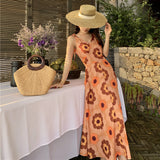 2025 retro orange v-neck printed suspender dress for women's summer new seaside vacation super good-looking temperament dress