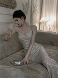 2025 Design sense niche  streamer silver sequins banquet atmosphere suspender dress long dress temperament inner dress