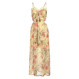 2025 style  spring new women's clothing retro floral lace-up bow suspender long dress dress
