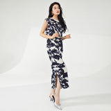 2025 Fashion high-end pleated dress women's sleeveless printed fish scale pleated split temperament elegant medium and long one-step skirt