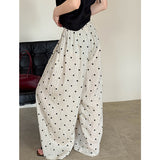 2025  summer new polka dot elastic waist drawstring linen wide-leg pants loose lazy wind 8111-1