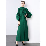Elegant bead three-dimensional flower dress women's spring pleated bubble sleeve disc flower large size elastic slim dress