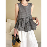 2025 Orange Zhi's new spring black and white plaid sleeveless vest shirt women's design sense irregular ruffle edge top 5897