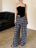 2025  spring new plaid fashion casual pants high waist and thin versatile lace-up straight wide-leg pants 25068