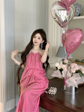 2025 Pink backless neck sling dress women's summer new coffee break beautiful  sexy seaside vacation dress