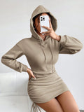 woloong Hooded Drawstring Ruched Sweatshirt Dress