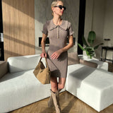 Slim-fit doll collar short-sleeved knitted dress three-dimensional twisted flower waist A-shaped skirt commuting casual and thin temperament skirt