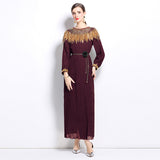 senior celebrity Fan Heavy Industry bead dress skirt temperament imperial sister Fan lantern sleeve pleated loose long dress