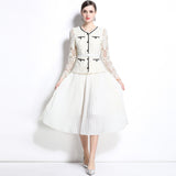 spring and summer new temperament socialite  fake two-piece lace crochet pleated long-sleeved pleated dress women