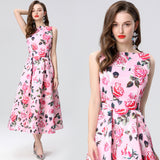 New fashion dress women's retro fashion positioning printing waist and thin temperament round neck sleeveless dress