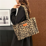 WOLOONG 2025 Korean version of fashion leopard print tote bag popular new retro Popular style shoulder bag large capacity casual plush shopping bag