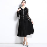 Popular trade year women's clothing temperament socialite  fake two-piece lace crochet pleated long-sleeved pleated dress women