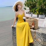 2025 Thailand seaside vacation beach dress to ankle atmosphere waist thin bright yellow beautiful suspender dress