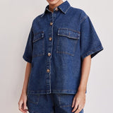2025 New retro casual loose pocket short-sleeved shirt shorts denim two-piece set
