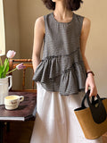 2025 Orange Zhi's new spring black and white plaid sleeveless vest shirt women's design sense irregular ruffle edge top 5897
