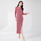 2025 Bronzing high-end dress high-end sense long-sleeved autumn new skirt split ends fashion temperament elegant dress long dress