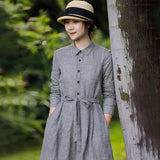 Export last order 4 autumn new retro literary plaid cotton and linen dress waist thin shirt skirt women