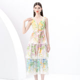 Early Spring - Vacation Style V-Neck Sleeveless Wide Swing Wave Edge Cake Floral Print Long Dress