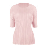 Miyake summer new Korean version simple basic solid color round neck pleated t-shirt slim and thin bottoming shirt top