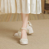 woloong Women's High Summer Gentle Temperament Chunky Beaded Mary Heels