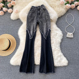 Design Sense Stitching Edging Skinny Jeans for Women Spring/Summer New New Tassel Elastic Thin Slim Flare Pants