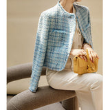 2025 Haute couture wool small fragrant jacket spring and autumn new  spring women's clothing short spring and autumn tweed blue top