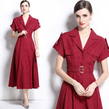 Retro British style single-breasted V-neck short-sleeved dress with waist and belt, thin shirt skirt, multi-pocket A-shaped skirt