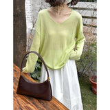 2025  spring new Korean version soft waxy gentle wind V-neck casual blouse sunscreen knitted sweater women's top 51273