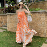 2025 Sanya seaside vacation style suspender dress women's summer  high-end sense one-word shoulder pleated pendulum long skirt