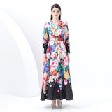 Early Spring - Vacation Style Suit Collar Long Sleeve Wide Swing Wave Edge Floral Print Long Dress