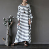spring new ethnic style literary and retro robe medium and long retro loose striped cotton and linen dress women