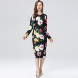 Popular trade women's clothing  spring new high-waisted slim-fit dress long-sleeved round neck printed hip-wrapped skirt