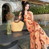 2025 retro orange v-neck printed suspender dress for women's summer new seaside vacation super good-looking temperament dress