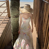 2025 Tea break beautiful  temperament floral suspender seaside vacation fishtail dress waist Sanya thin beach dress