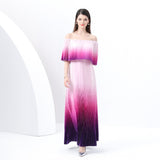 women's clothing  early spring new gradual change holiday wind one-word shoulder ruffle edge holiday printing long dress
