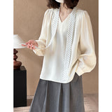 2025  Spring New Korean Edition Temperament Ribbon V-Neck Temperament Advanced Sense Inner Shirt Women 2506