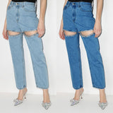 2025 Hot trade wholesale fashion niche diamond beads design sense middle waist straight long thigh hollow jeans women's clothing